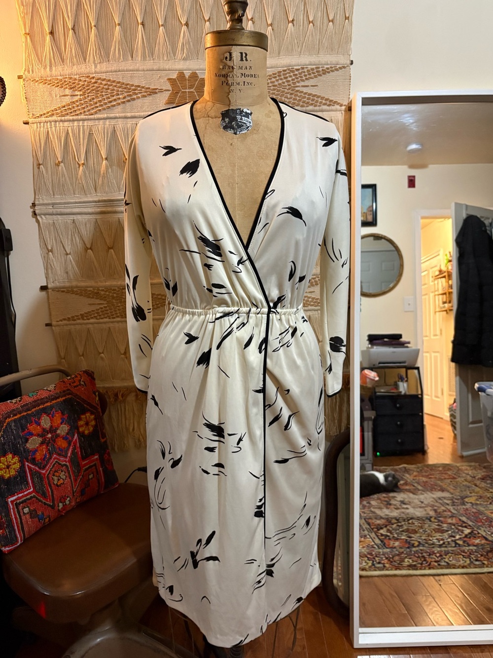 Vintage Cream and Black Wrap Dress